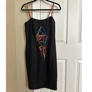 Vintage 100% Linen Black Fish Embroidery Dress Beaded Straps 6 Deborah Laws